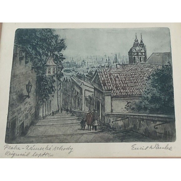 Original Signed Emil Wanke  Etching Depicts The Castle Steps In Prague,Czech. - Picture 4 of 14